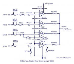 Muti-channel audio mixer circuit based on LM3900 IC. Four channels.