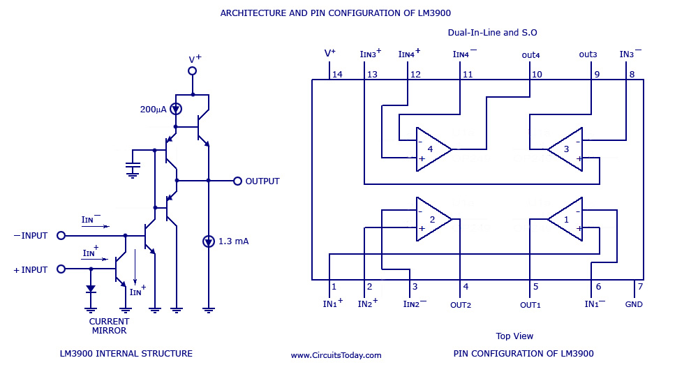 architecture and pin configuration of Lm3900 Lm3900 pin configuration