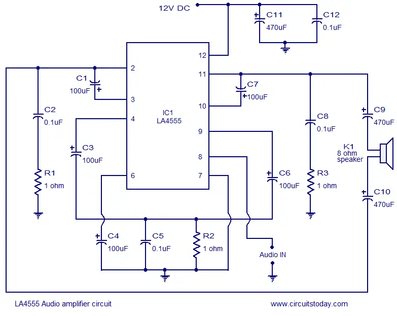 LA4550 audio amplifier circuit 4W, 8 ohm, 12V operation