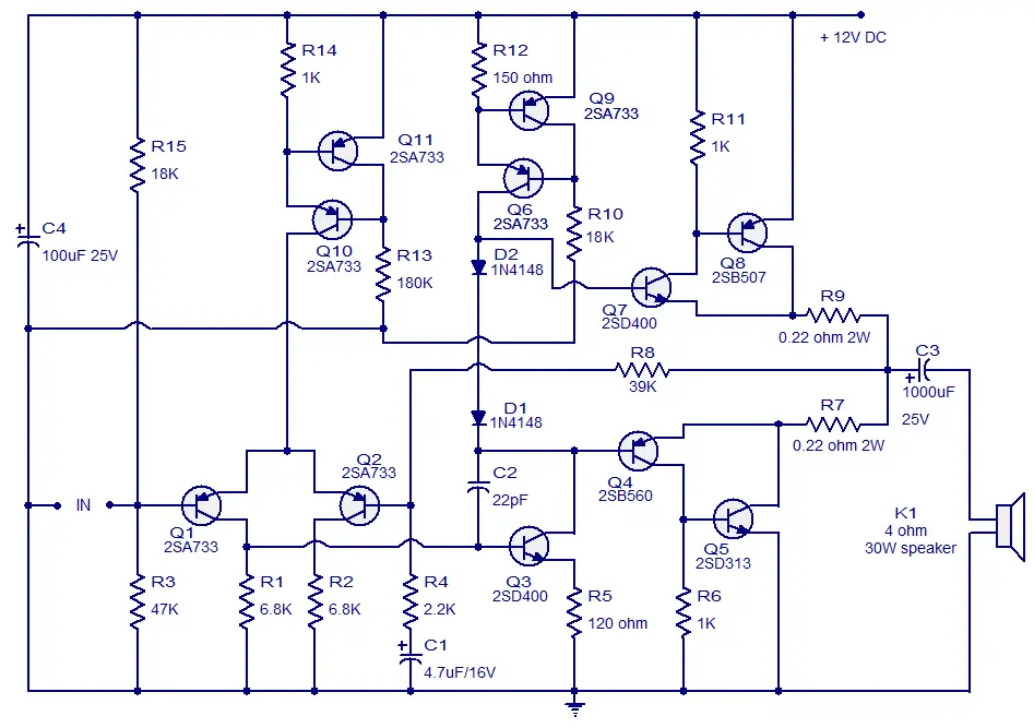 Class Ab Amplifier Circuit Operating From 12 Volts 10w Fully Transistorized