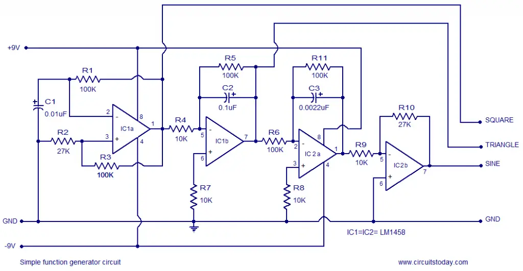 Simple function generator circuit based on opamp LM1458 Circuit Diagram