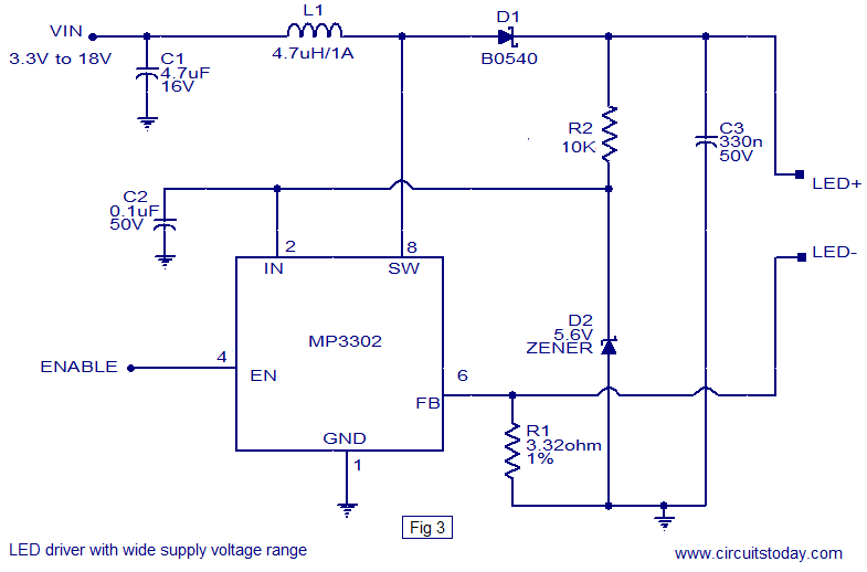 Led Driver Based On Mp3302 Led Driver Ic Working Circuit Diagram Operates From A Single Lithium Ion Battery
