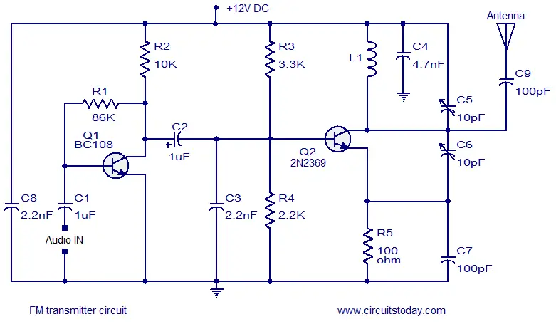 Simple FM transmitter circuit based in relation to two transistors.