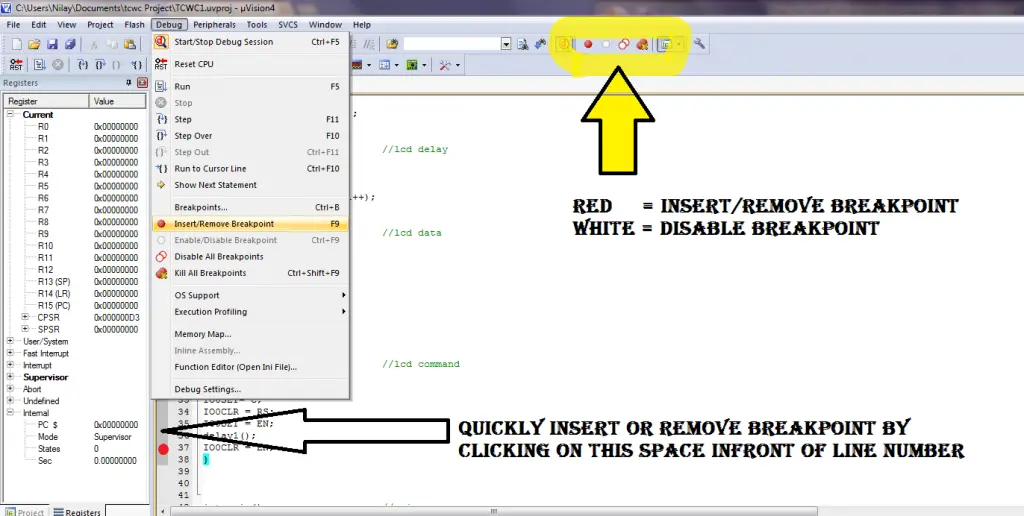 Inserting breakpoints in Keil microvision