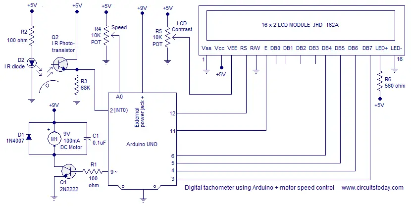 Digital tachometer using arduino plus motor speed control. Circuit