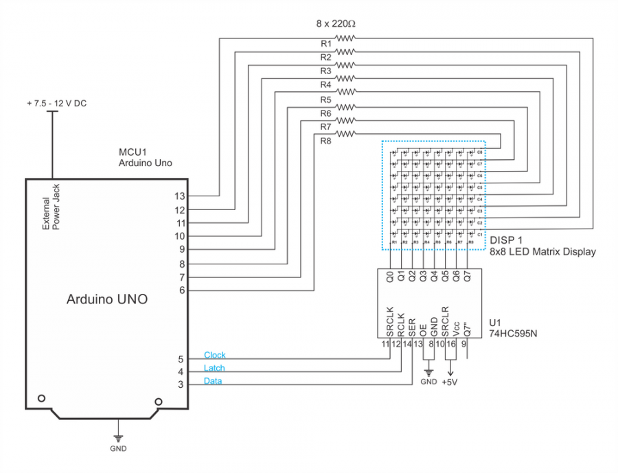 Interfacing 8x8 LED Matrix with Arduino- Circuit Diagram - Code