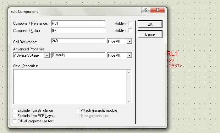 Editing Properties of relay, voltage of relay to 9V