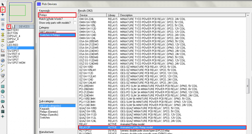 Proteus TutorialSwitches and RelaysTypesScreenshots
