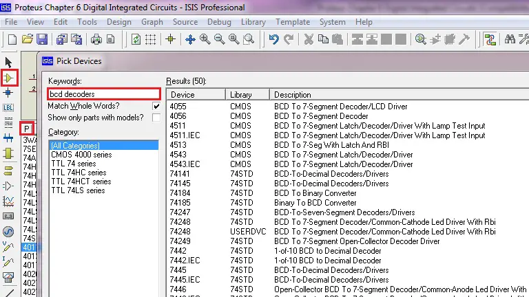BCD to Seven segment decoders in Proteus
