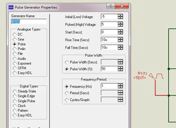 Setting properties of pulse generator