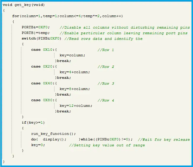 Program Code for ‘get_key’ function - 4X4 matrix keypad