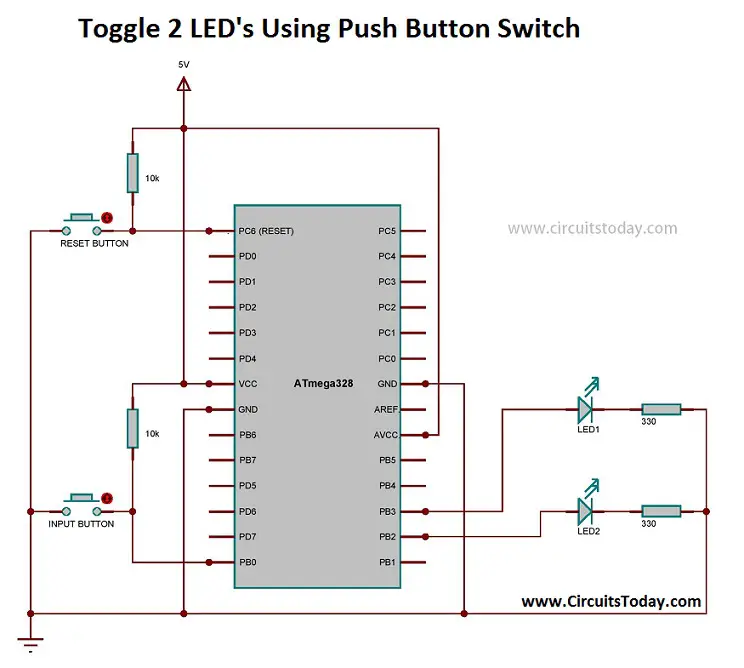 Toggle 2 LED's Using Push Button Switch - Circuit Diagram
