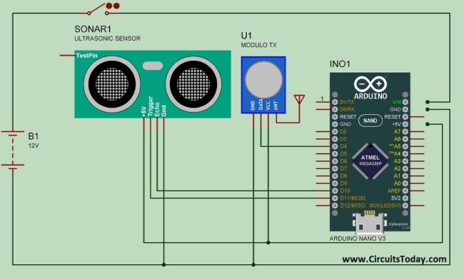 Water Level Indicator Using Arduino - Transmitter Circuit