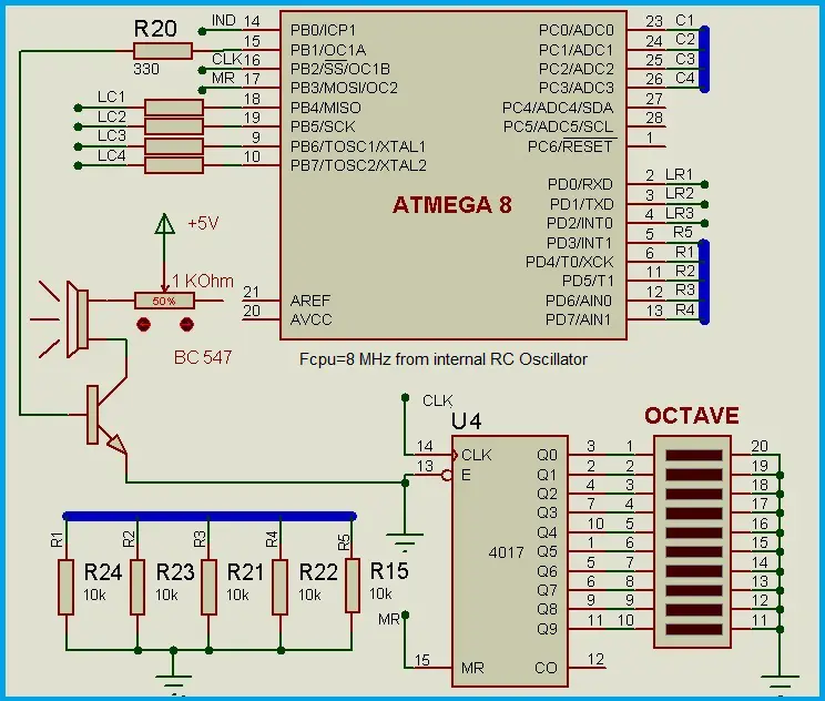 Musical Keybpard using ATmega8 - Circuit Diagram for Microcontroller and Decade counter